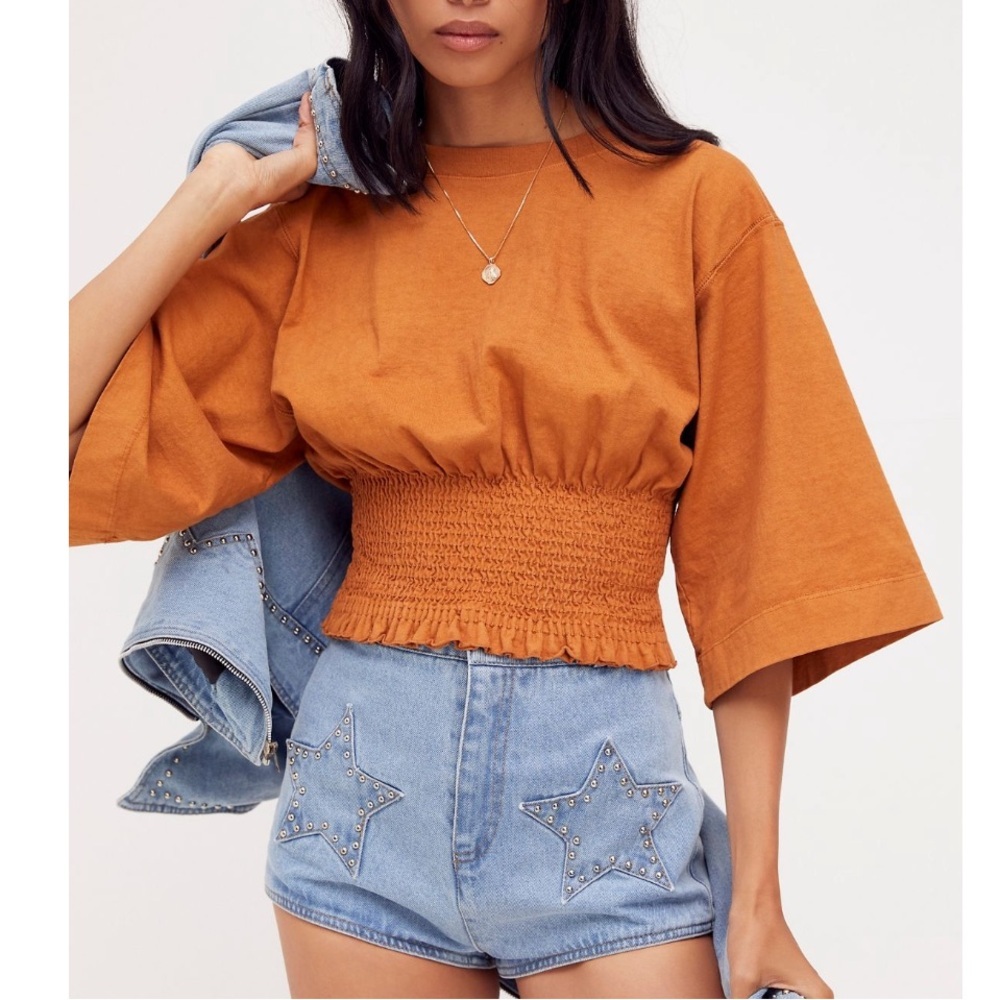 NEW Free People Pumpkin Spice Smocked Waist Cotton Top Size Medium